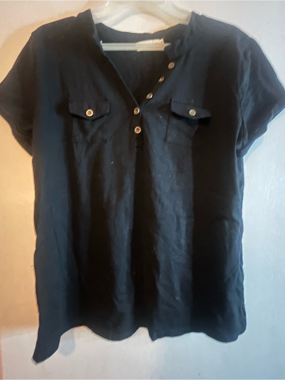 Women’s Black Short-Sleeve Henley Top with Front Pockets